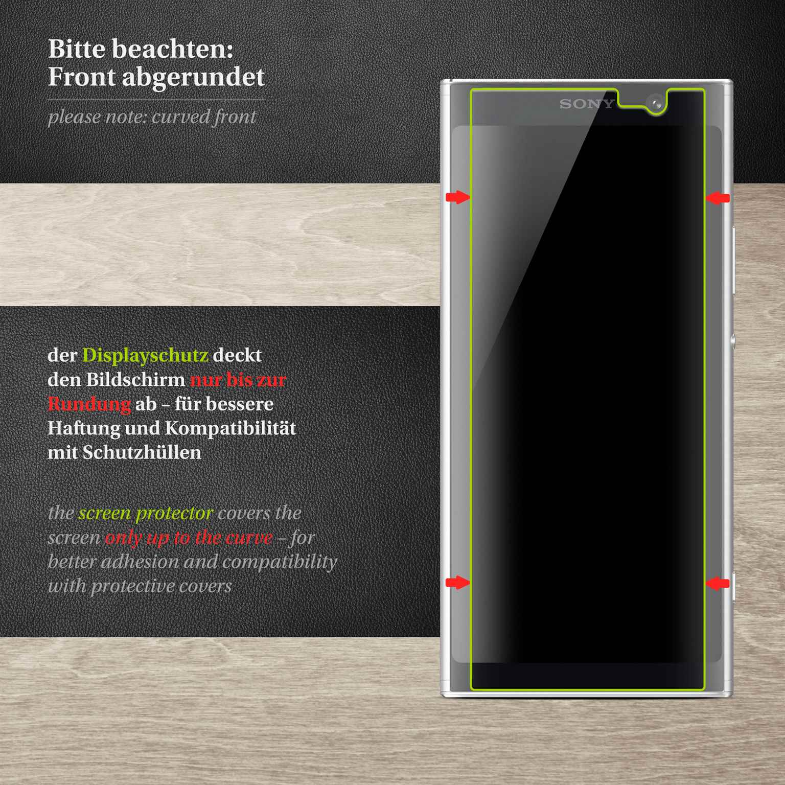Telefonbildschirm mit angebrachtem Displayschutz, mit roten Pfeilen auf die gebogenen Kanten.