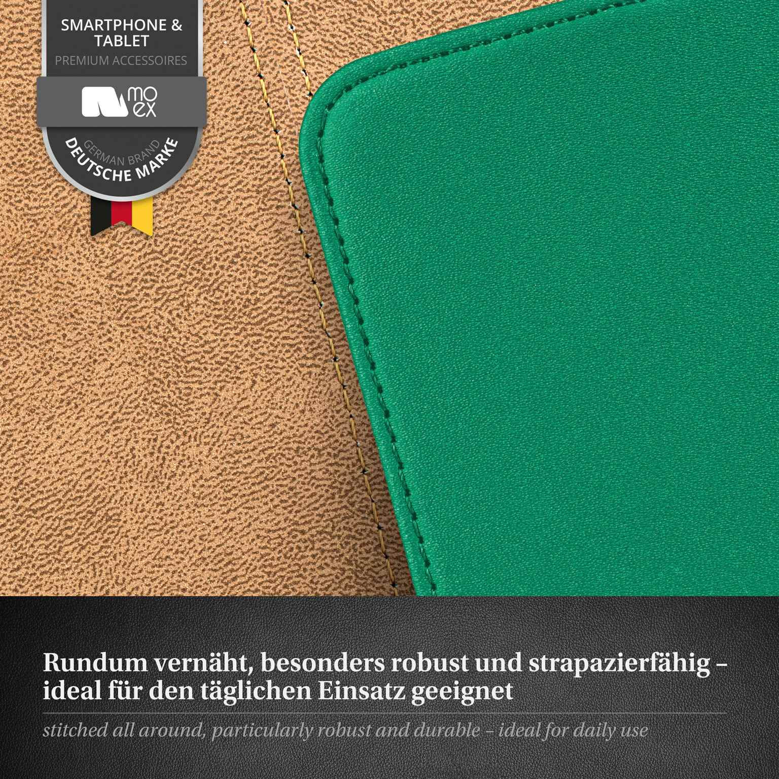 Eine grüne Handyhülle. Premium-Design und Text sind sichtbar. Brauner Hintergrund.