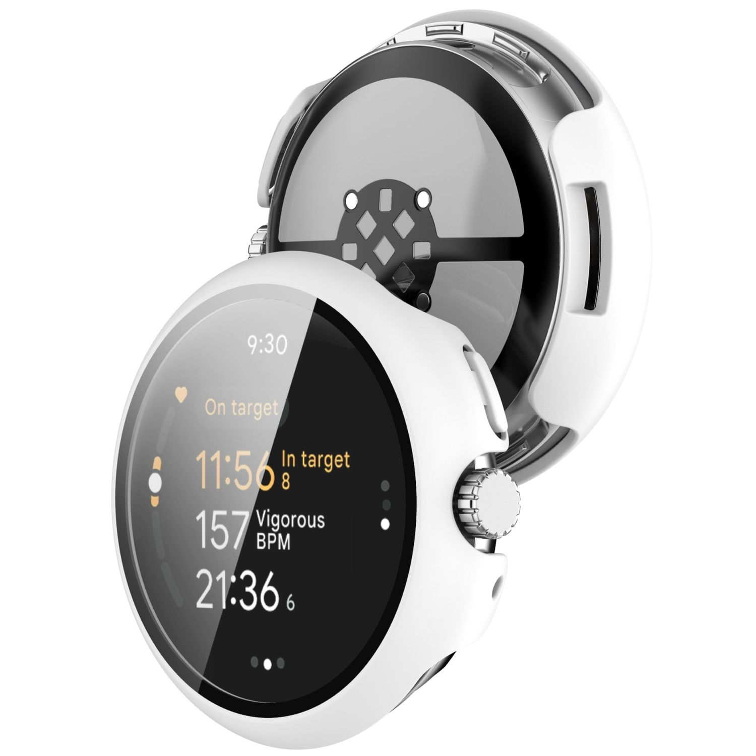 Weiße Smartwatch, die Zeit, Herzfrequenz und Aktivitätsdaten anzeigt.