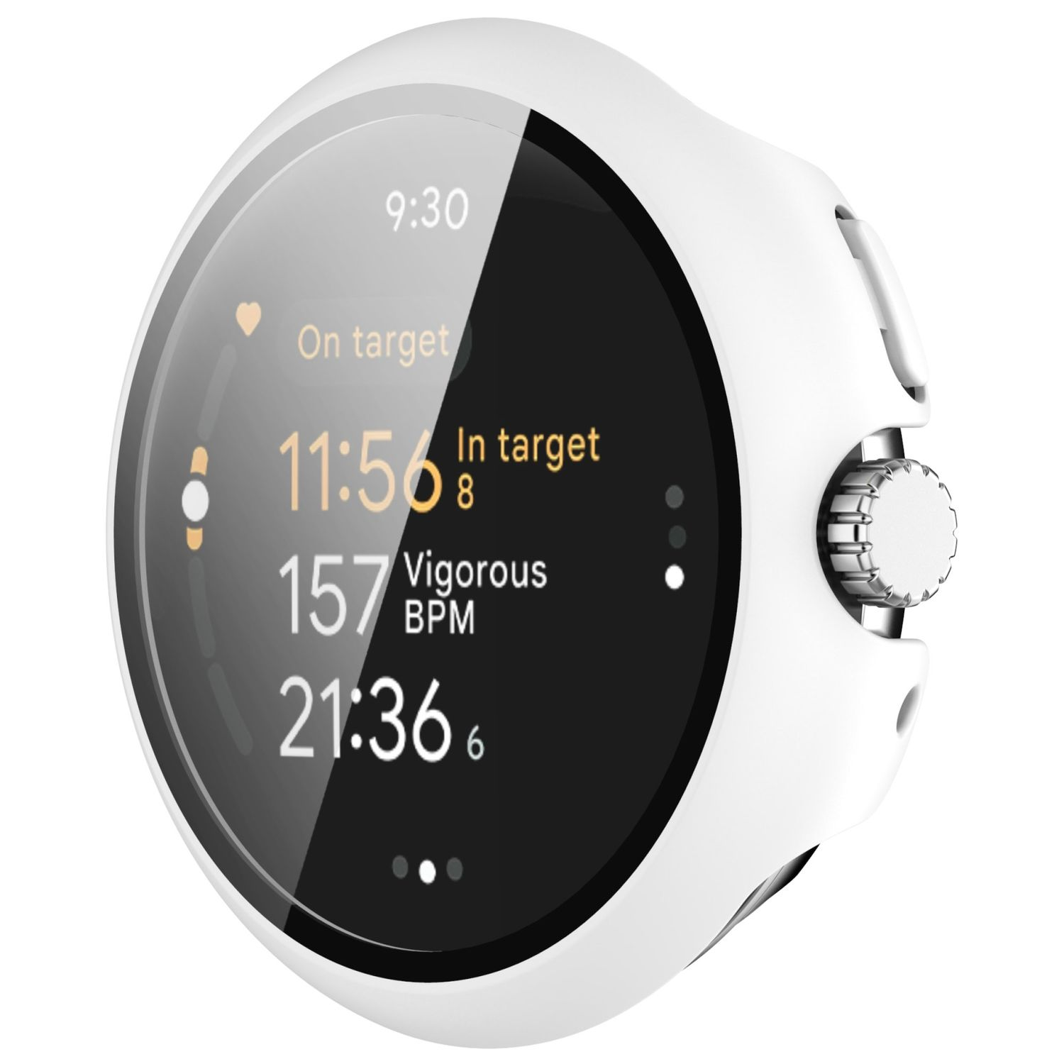 Weiße Smartwatch, die Zeit, Herzfrequenz und Aktivitätsmetriken anzeigt.