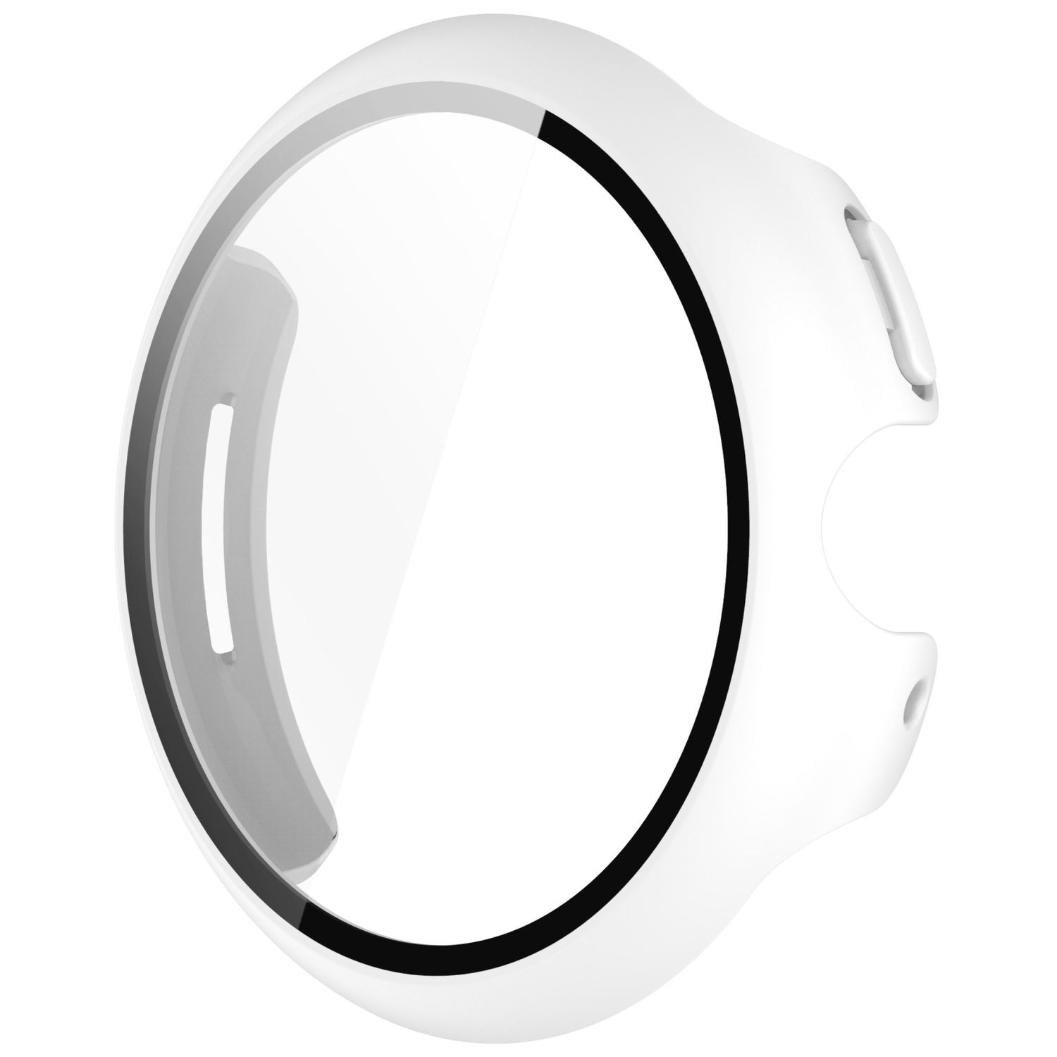 Weißer Smartwatch-Schutz mit schwarzem Ring und Knopf, Nahaufnahme.