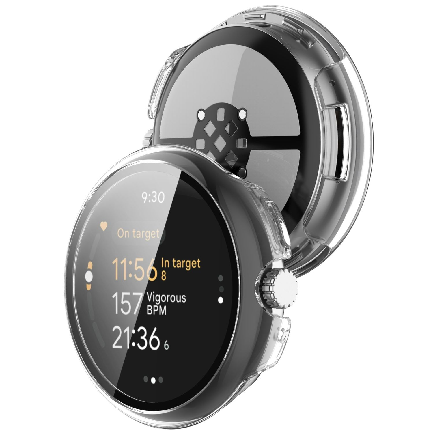 Smartwatch mit klarer Schutzhülle, zeigt Digitalanzeige mit Zeit und Gesundheitsmetriken.
