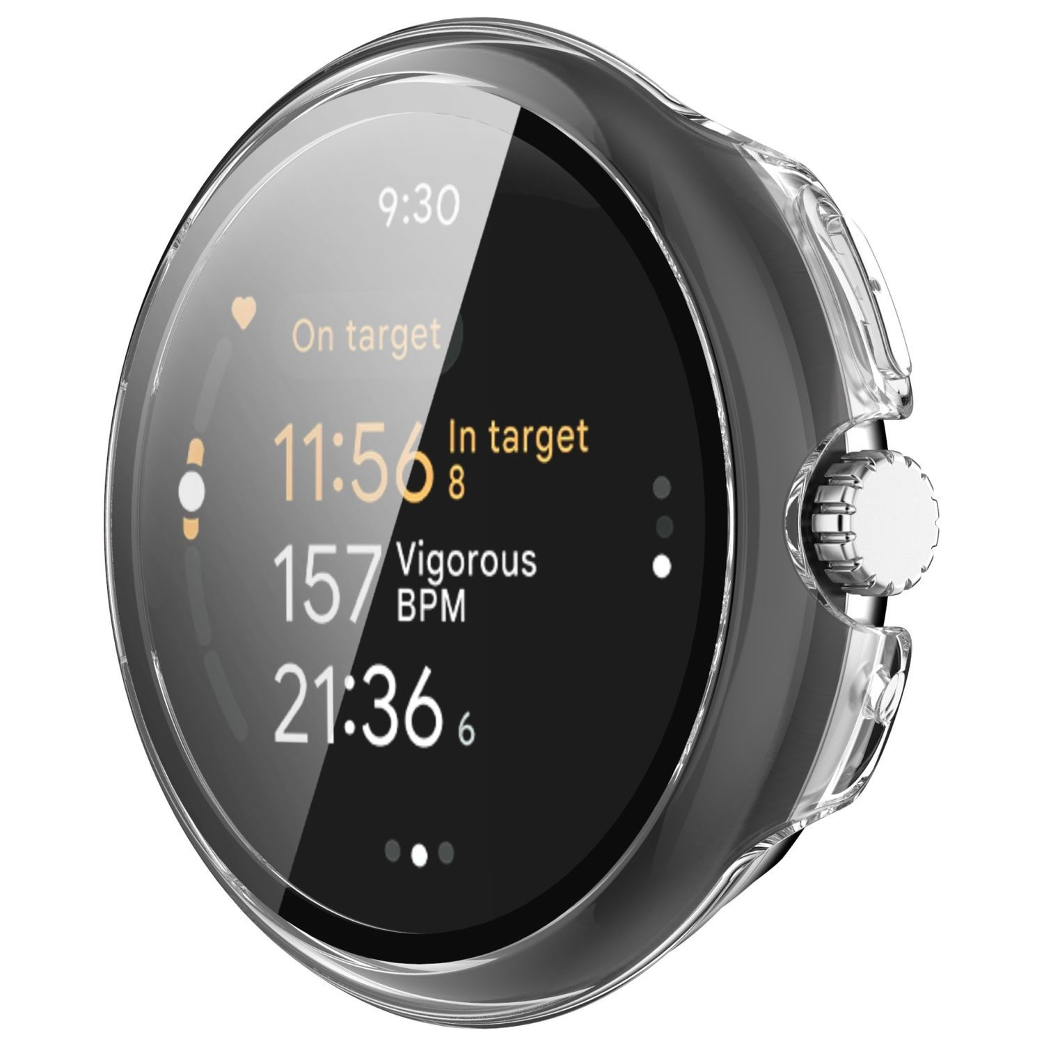 Smartwatch-Bildschirm mit Fitnessdaten. Schwarzes Gehäuse, weißer Hintergrund.
