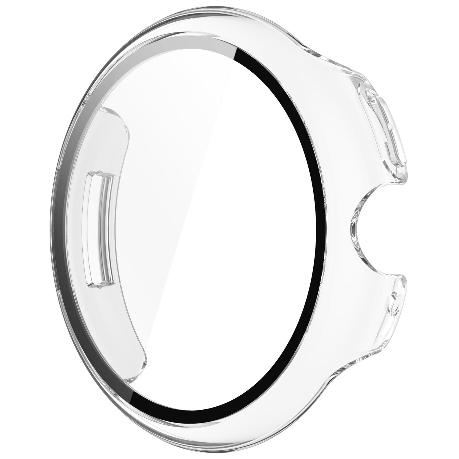 Eine transparente Uhrenhülle mit einem schwarzen Ring im Inneren der Lünette und Aussparungen für die Knöpfe.