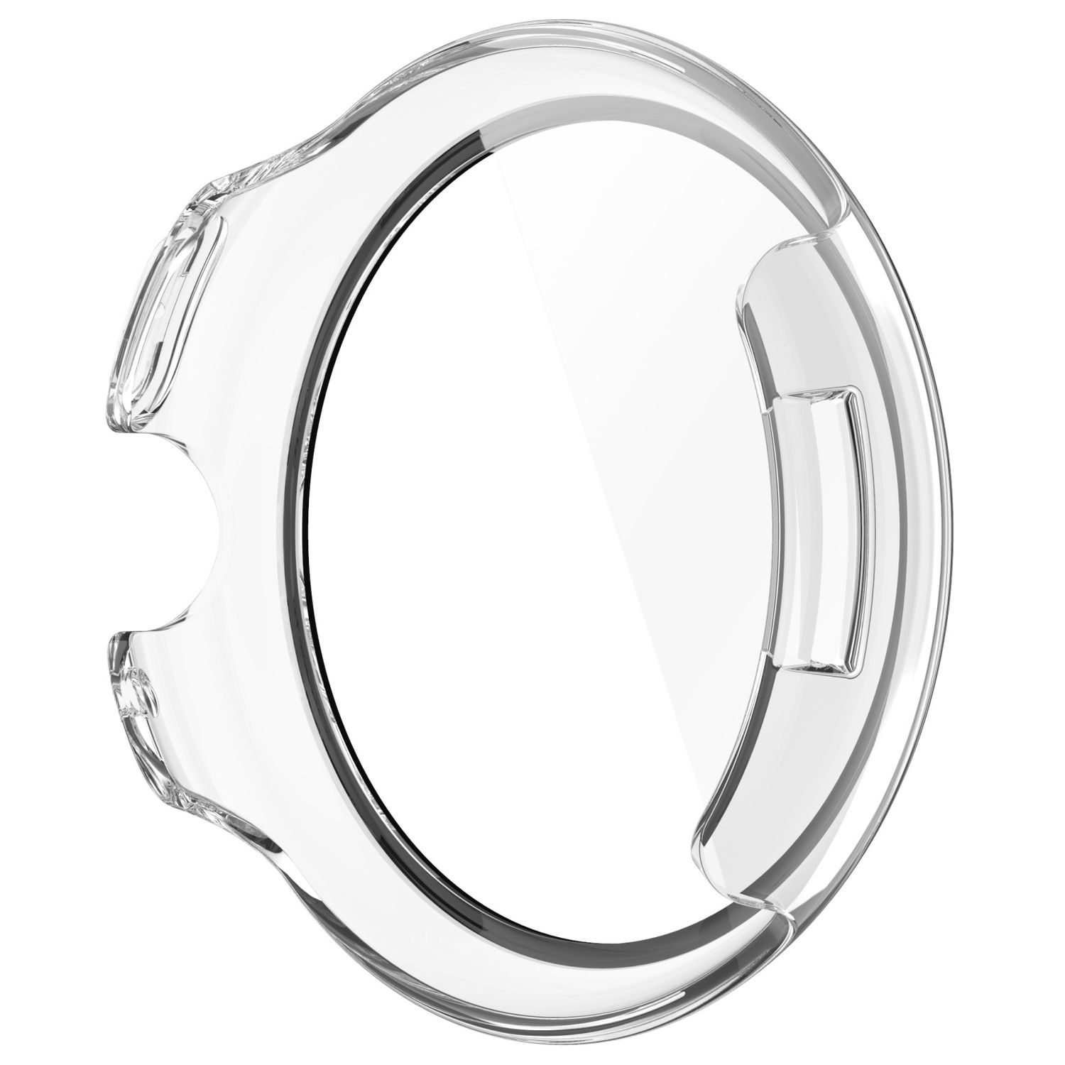 Transparente Smartwatch-Hülle, kreisförmig und schützend.