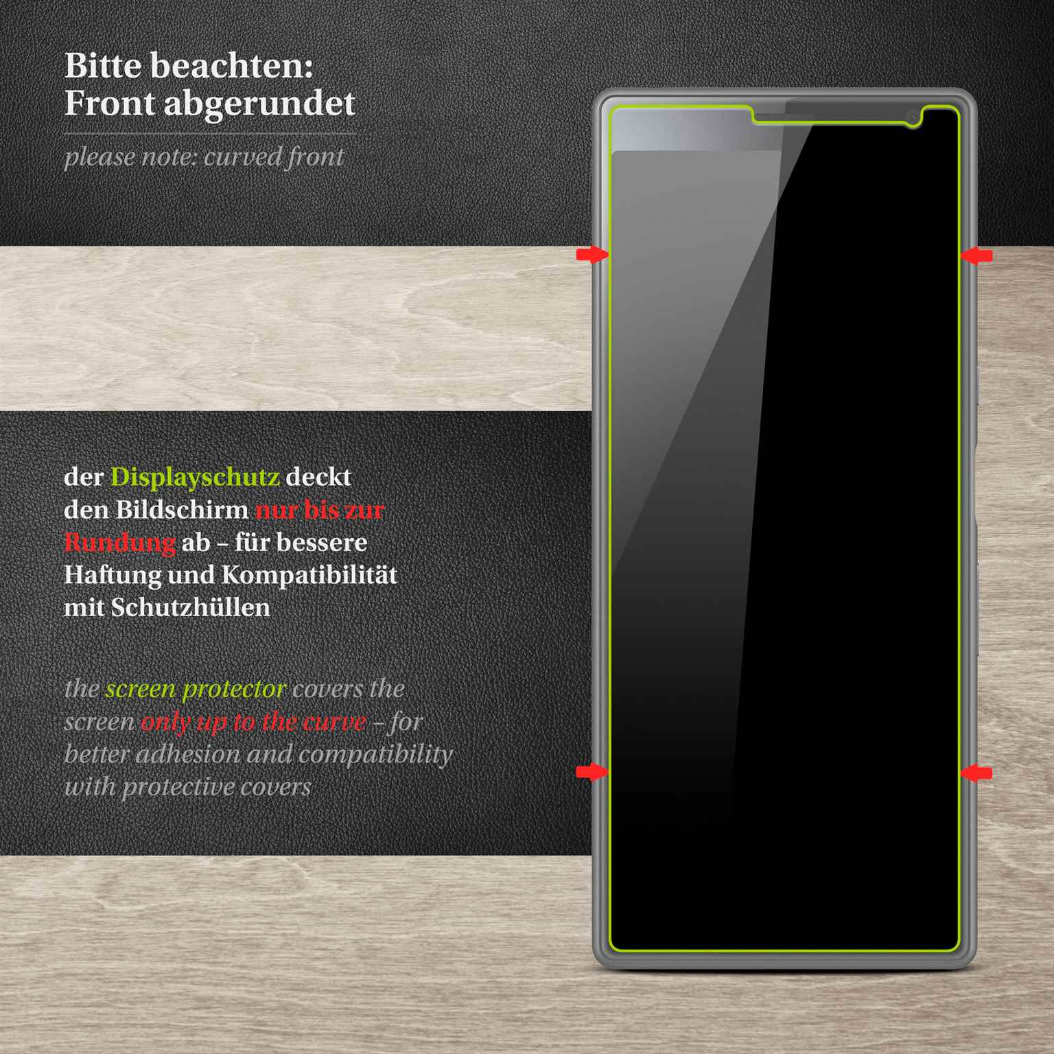 Displayschutzfolie auf einem Telefonbildschirm mit roten Pfeilen.