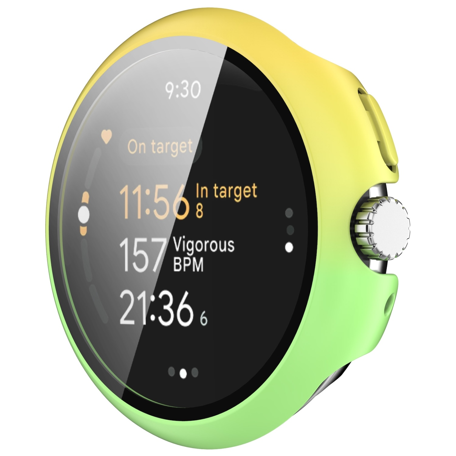 Smartwatch mit Gelb-Grün-Verlauf, zeigt Zeit, Herzfrequenz und andere Gesundheitsmetriken auf schwarzem Bildschirm.