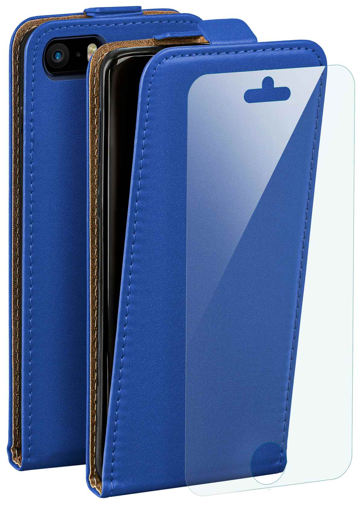 Blaue Handyhülle offen, mit Telefon und Displayschutz. Brauner Rand und weiße Nähte.