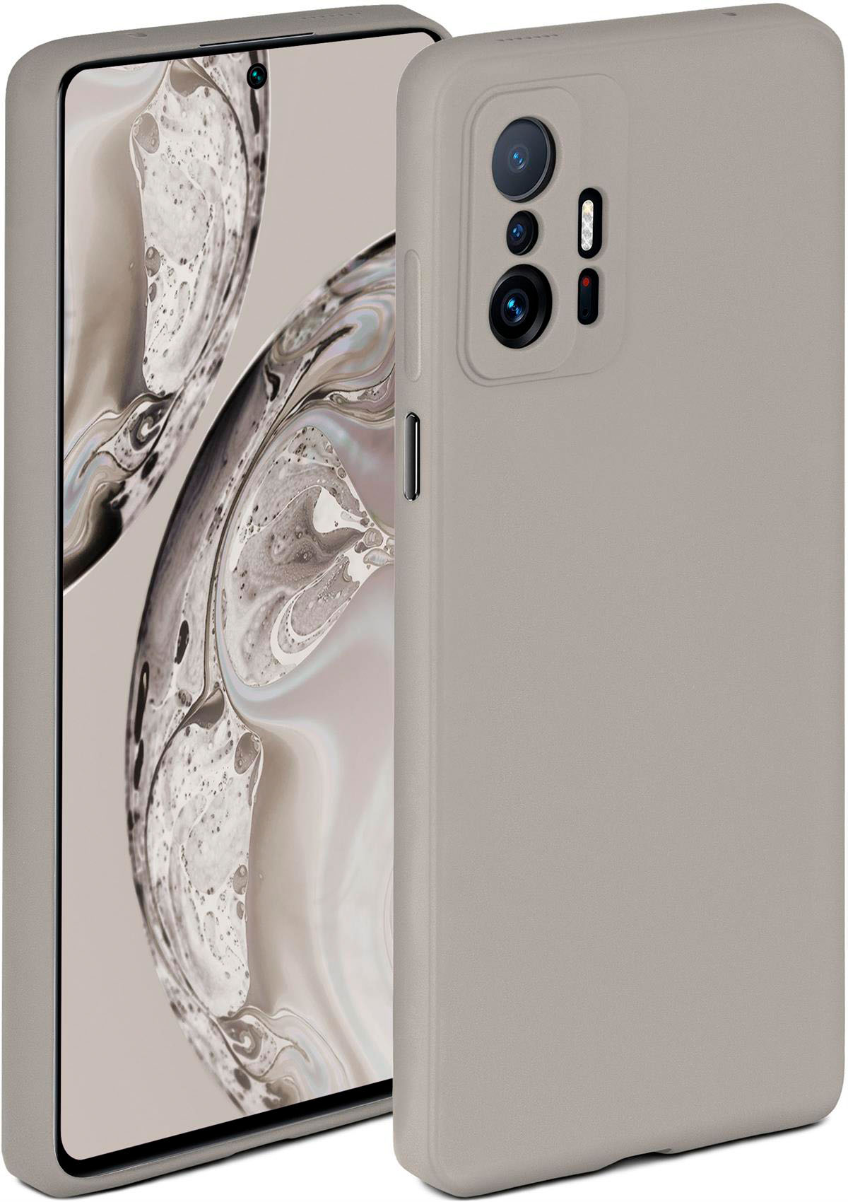 Graue Handyhülle, hält ein Telefon. Die Hülle hat eine matte Oberfläche. Hintergrund unscharf.