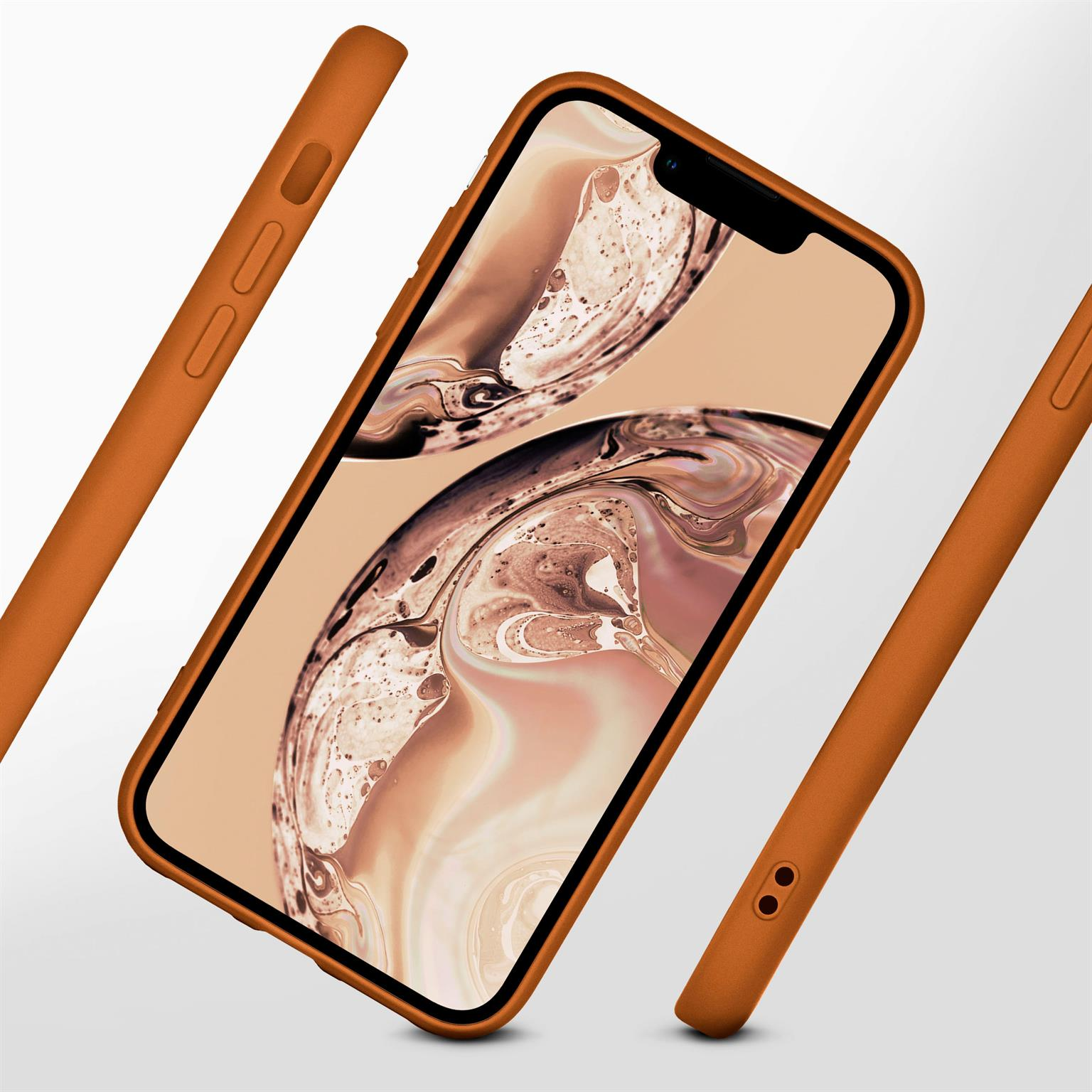 Orangefarbene Handyhülle und Telefon auf weißem Hintergrund.
