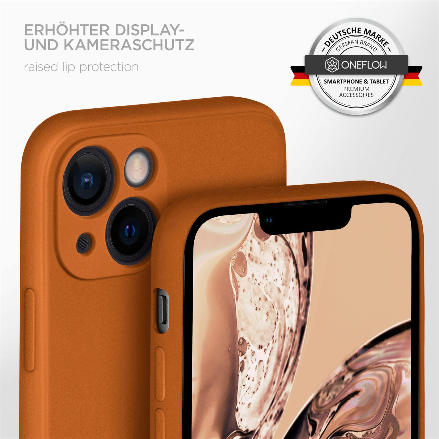 Eine orangefarbene Handyhülle mit einem Telefon darin. Die Handyhülle hat eine erhöhte Lippe.