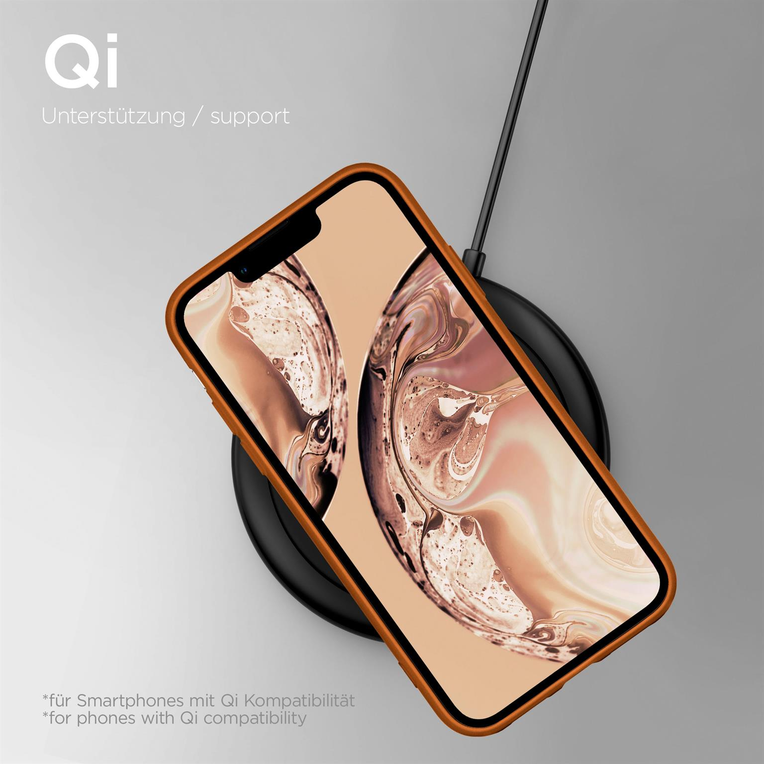 Telefon auf kabellosem Ladegerät. Braunes Gehäuse mit braunem und weißem Bildschirm.