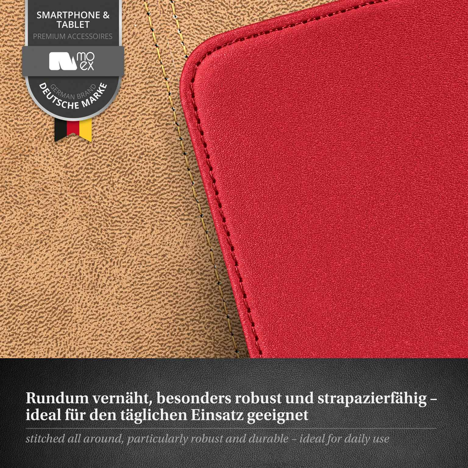 Eine rote und beige Handyhülle. Text: Rundum vernäht, besonders robust und strapazierfähig – ideal für den täglichen Einsatz.