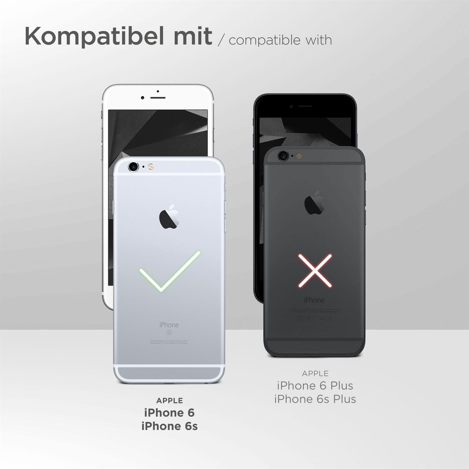 Zwei iPhones, eines silberfarben mit Häkchen, das andere schwarz mit 'X'. Text: Kompatibel mit iPhone 6/6s, 6 Plus/6s Plus.