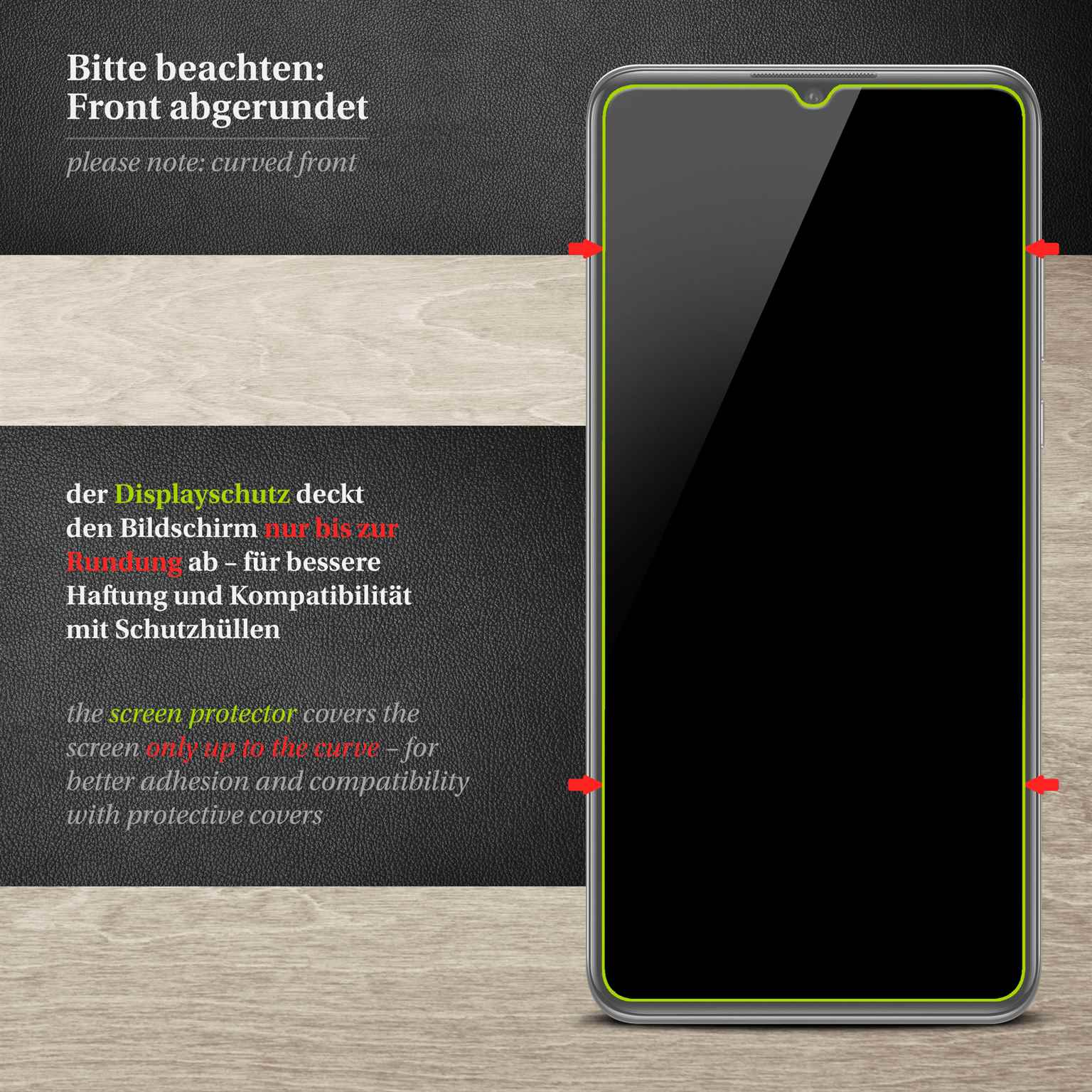 Telefon mit Displayschutz. Grüner Umriss, rote Eckmarkierungen, auf grauem Hintergrund.
