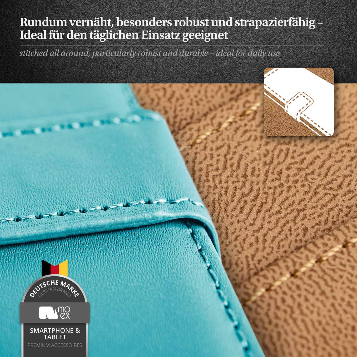 Blaues Handyhüllen-Detail auf braun strukturiertem Hintergrund. Premium-Zubehör-Label in Ecke.