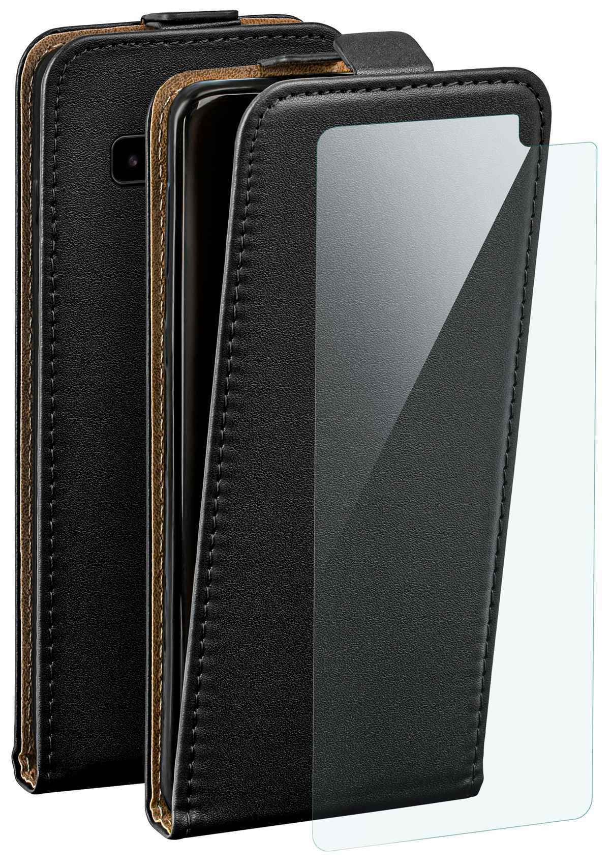 Schwarze Handyhülle mit Displayschutz. Telefon im geöffneten Etui. Braun und schwarz.