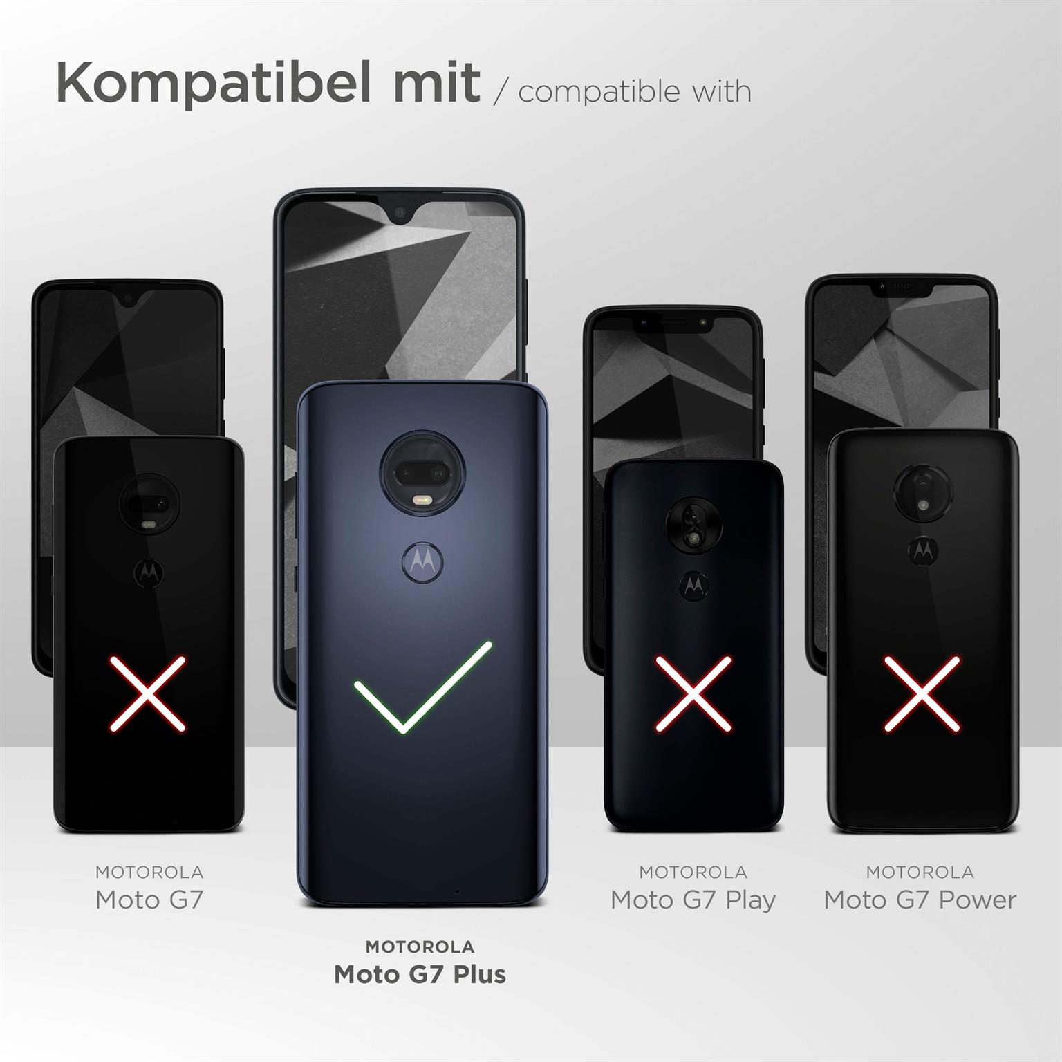 Telefon-Kompatibilitätsbild. Zeigt Telefone, die mit dem Motorola Moto G7 Plus kompatibel sind. Moto G7, G7 Play und G7 Power nicht.