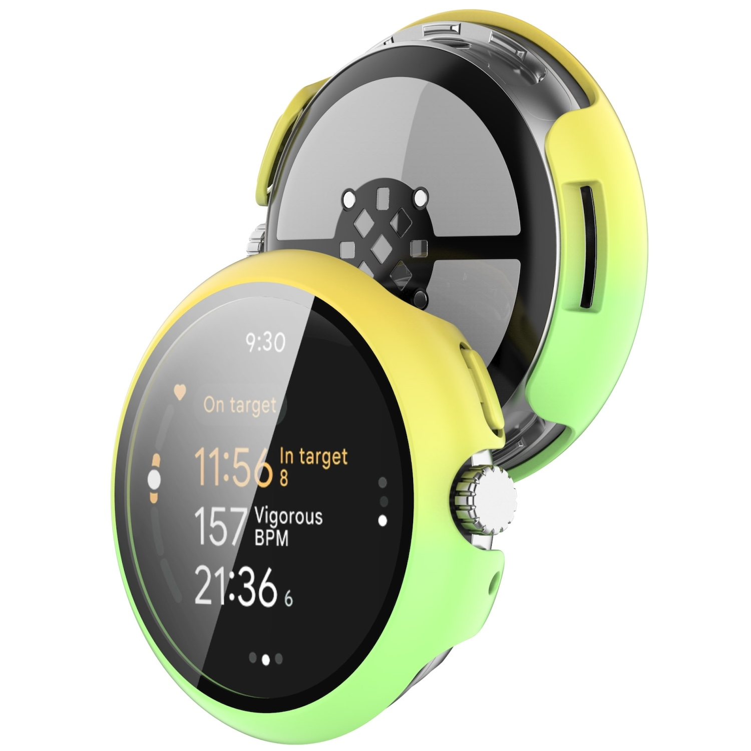 Smartwatch mit gelb-grünem Gehäuse, zeigt Zeit und Gesundheitsmetriken.