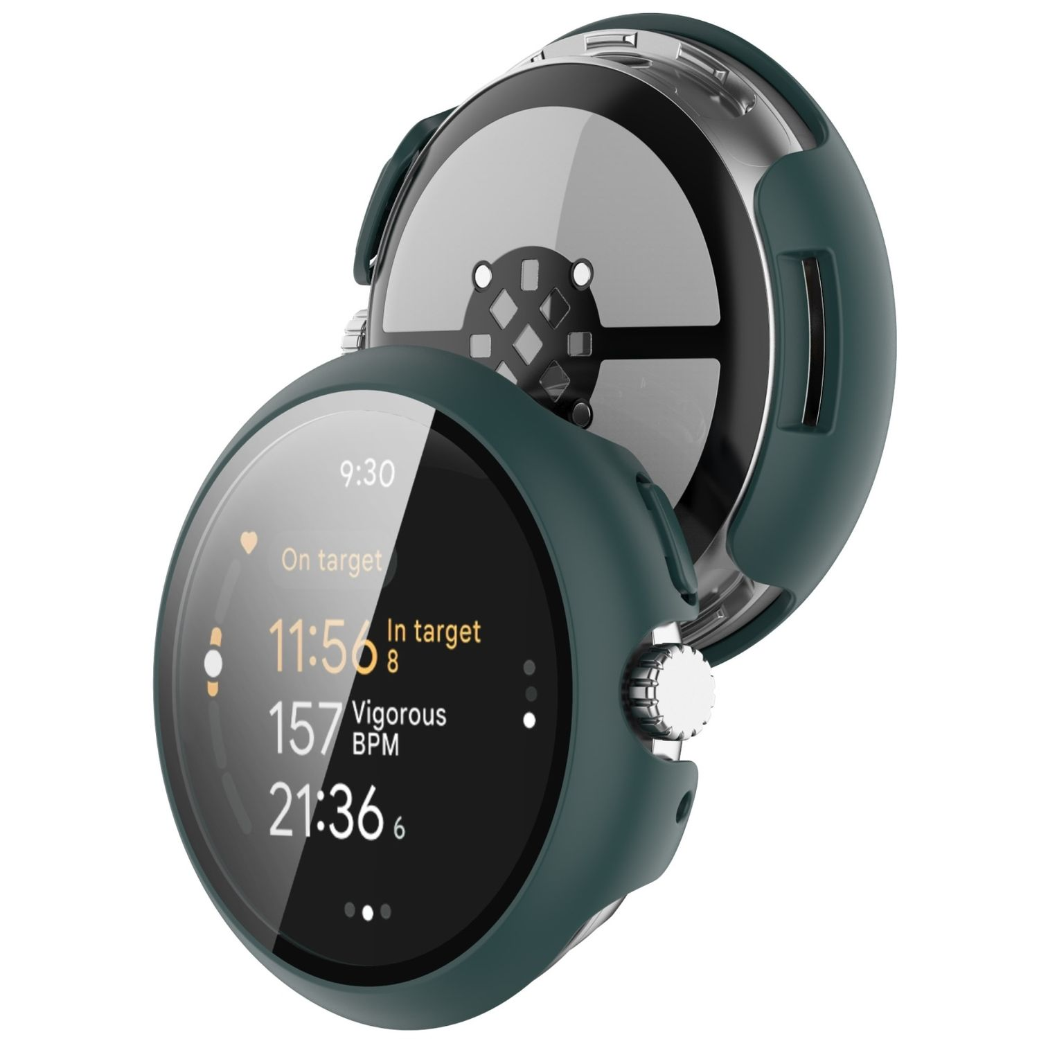 Eine dunkelgrüne Smartwatch mit digitalem Bildschirm, der Zeit und Gesundheitsdaten anzeigt.