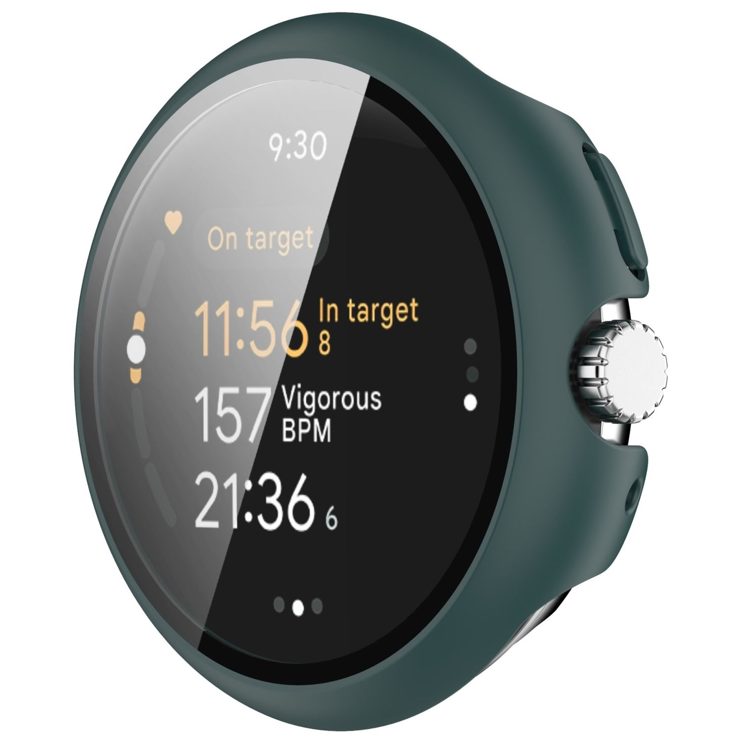 Grüne Smartwatch zeigt Zeit, Herzfrequenz und andere Gesundheitsdaten.