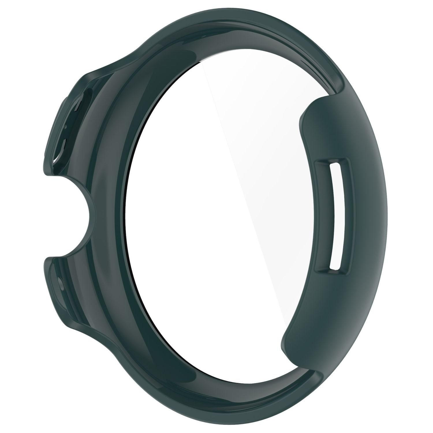 Dunkelgrüne Smartwatch-Hülle. Weißer Displayschutz in der Mitte sichtbar.
