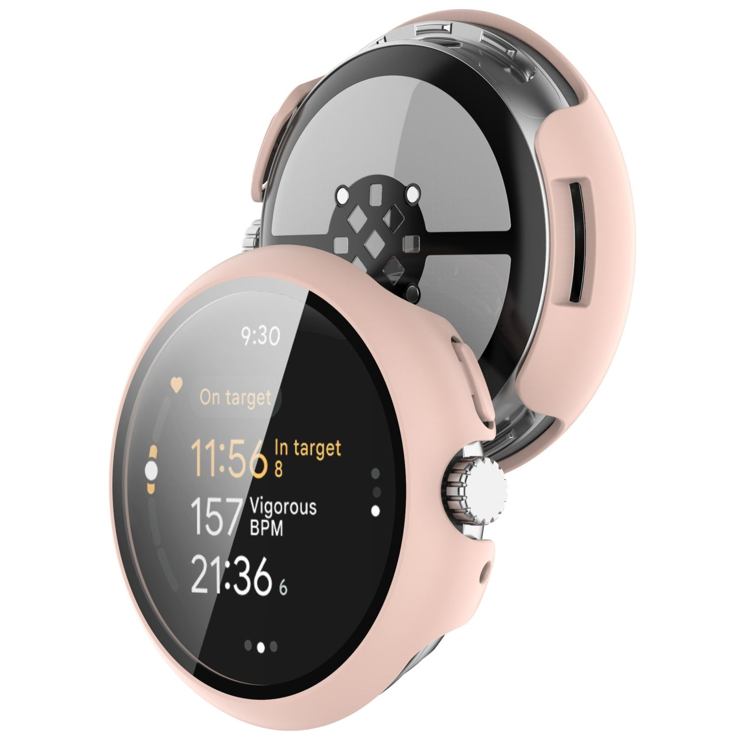 Rosafarbene Smartwatch zeigt Zeit, Herzfrequenz und Gesundheitsdaten.
