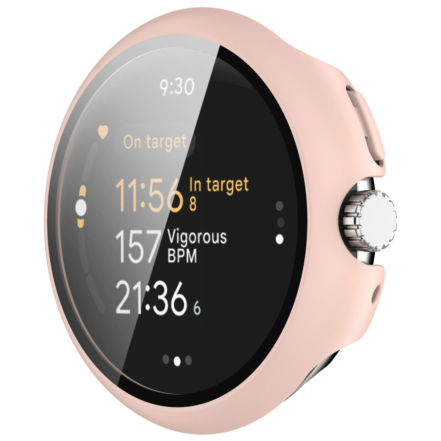 Smartwatch mit pinkem Gehäuse, zeigt Zeit, Herzfrequenz und Fitnessdaten. Der Bildschirm ist an.
