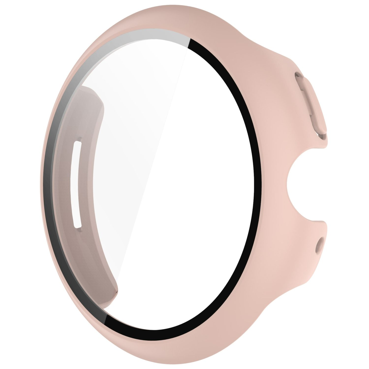 Rosa Smartwatch-Gehäuse, kreisförmig. Glasschutz. Schwarze Details, mit Aussparungen an der Seite.