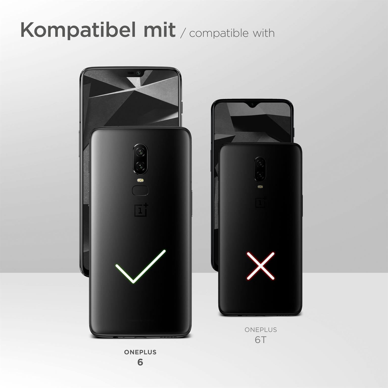 Zwei Telefone. OnePlus 6 mit Haken und OnePlus 6T mit rotem X. Text auf Deutsch.