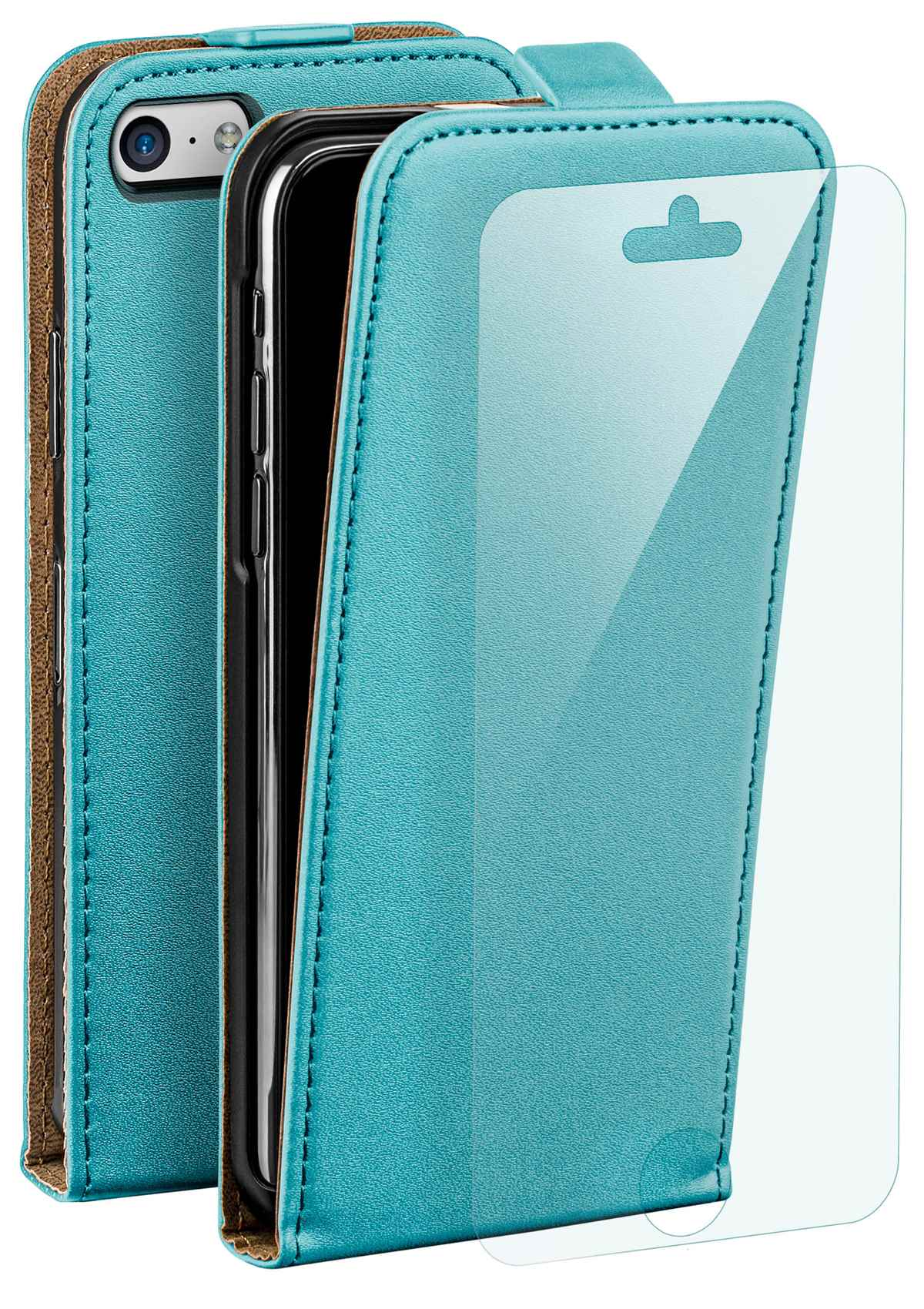 Türkis Leder-Handyhülle mit Telefon und Displayschutz. Die Hülle ist offen, der Schutz klar.