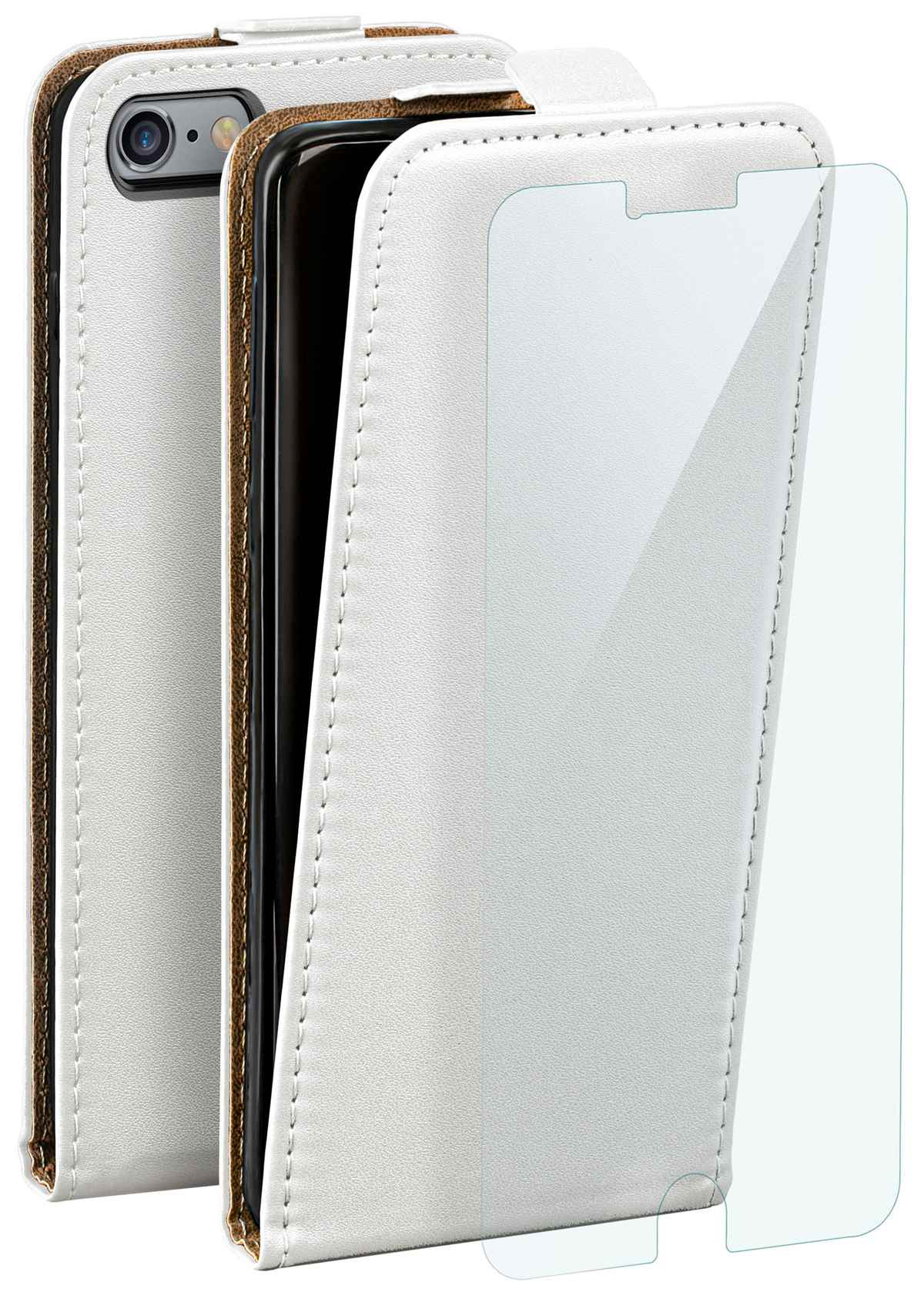 Weiße Leder-Handyhülle mit Telefon und Displayschutz. Die Hülle ist offen, der Schutz klar.