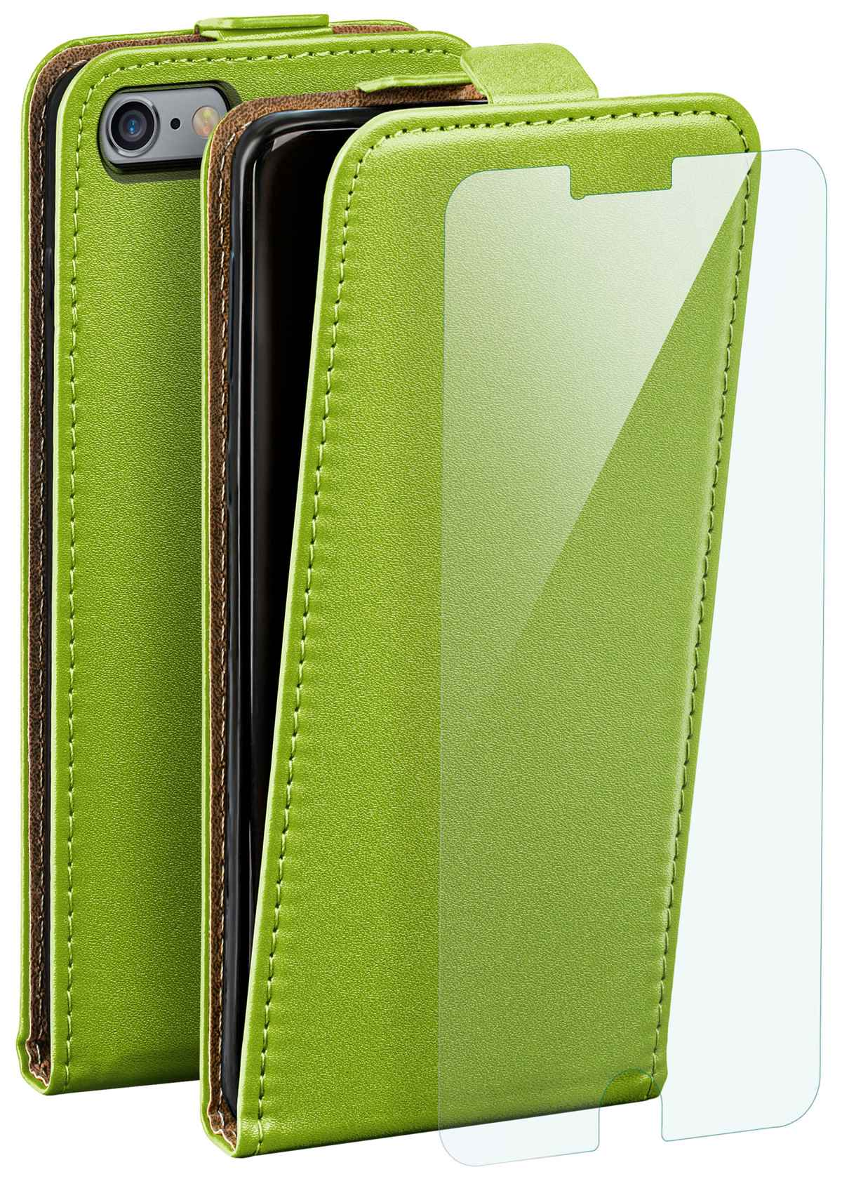 Grüne Leder-Handyhülle mit Displayschutz. Telefon innen. Grüne Nähte.