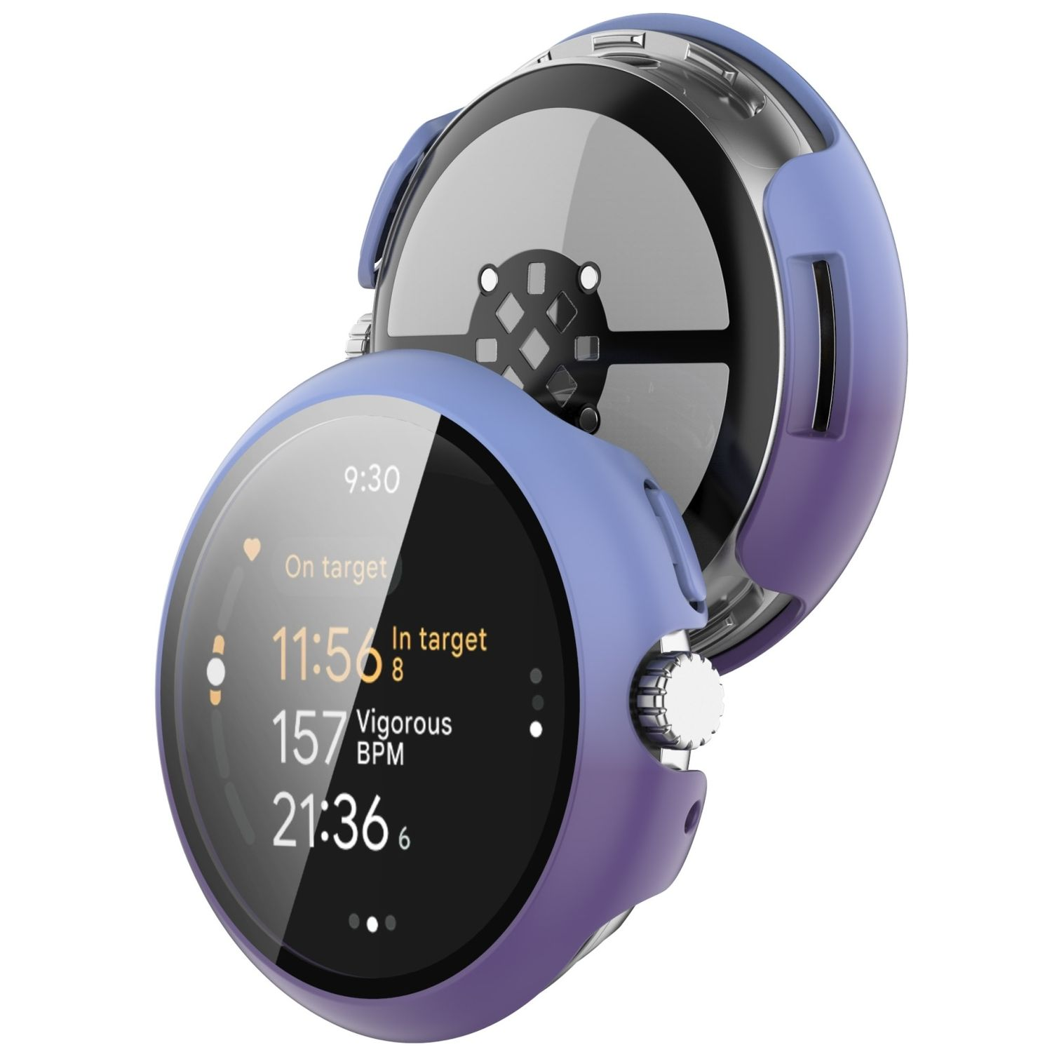 Smartwatch mit Uhrzeit, Herzfrequenz und Daten, in blau-lila Gehäuse.