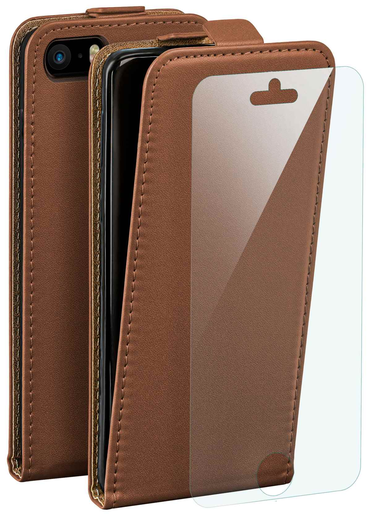 Eine braune Handyhülle mit einem Telefon und einem Displayschutz. Die Hülle ist offen.