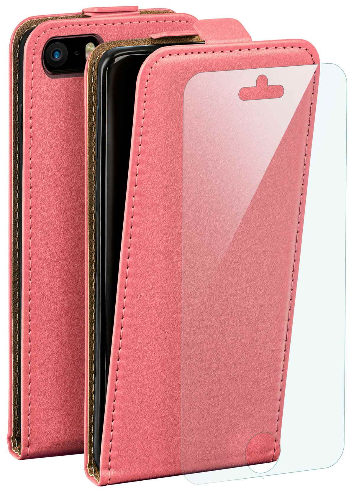 Rosa Telefon mit rosa Lederhülle und Displayschutz.