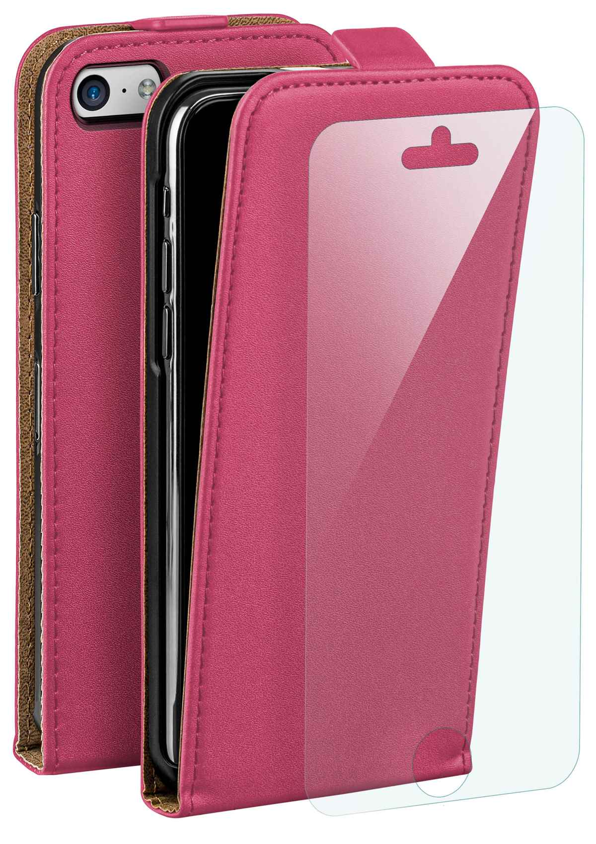 Pinke Handyhülle offen, mit Telefon und Displayschutz. Brauner Rand und weiße Nähte.
