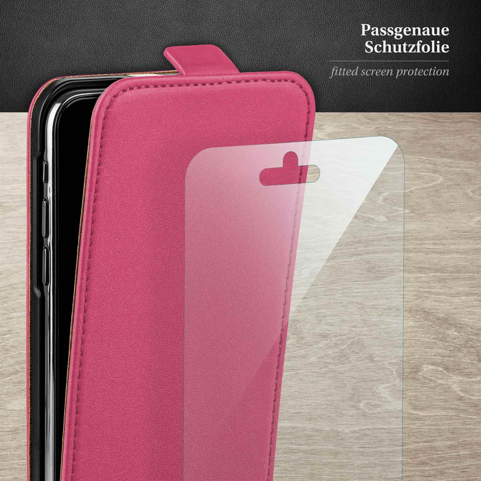 Telefon in rosa Hülle mit Displayschutzfolie.