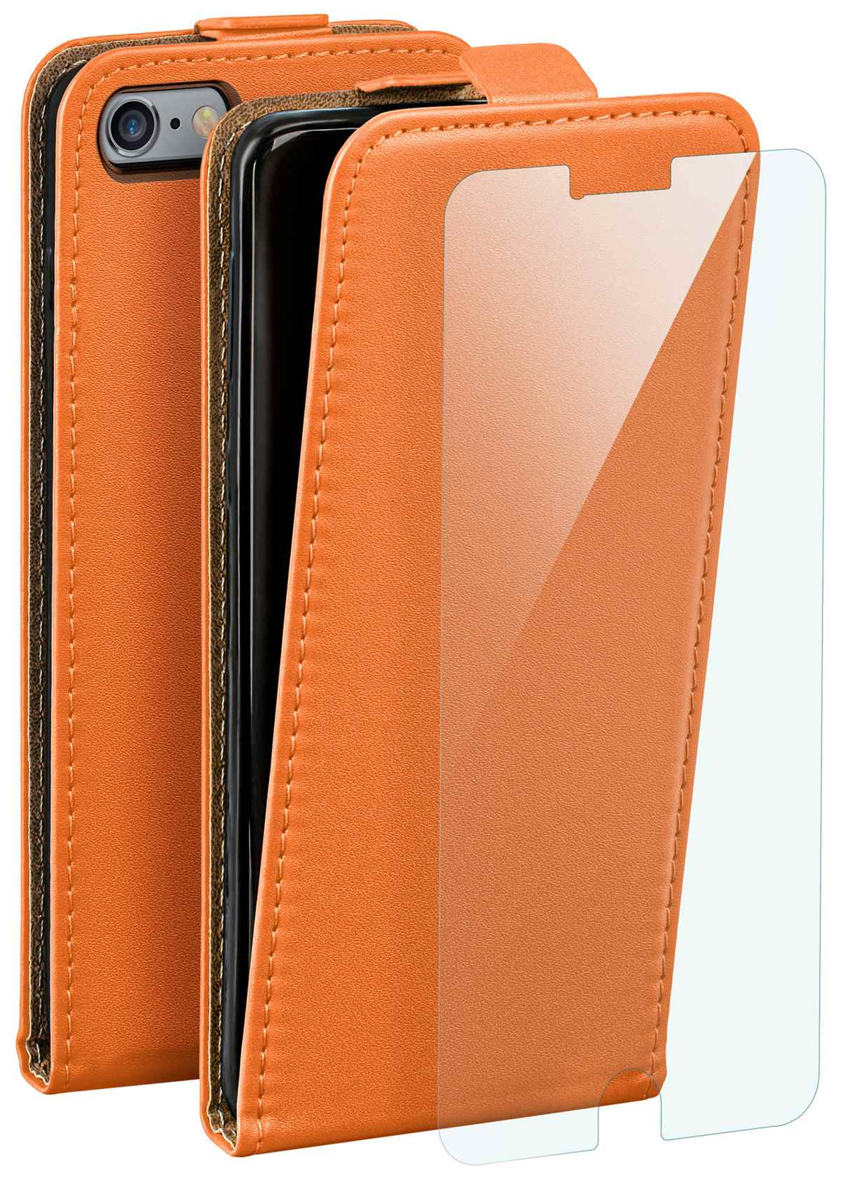 Orange Handyhülle mit Displayschutz. Telefon im Inneren. Schutz ist klar.