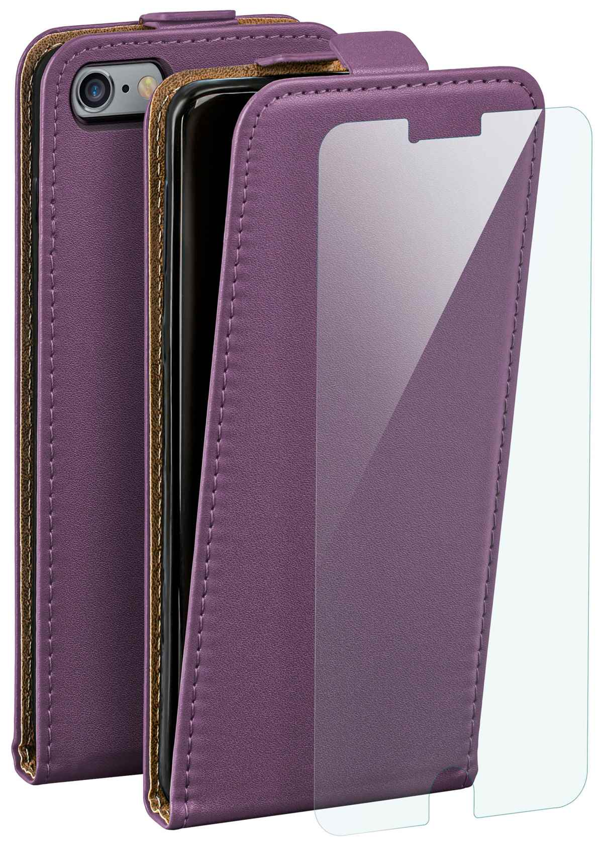 Lila Handyhülle mit Displayschutz. Telefon im geöffneten Etui. Braun und lila Leder.