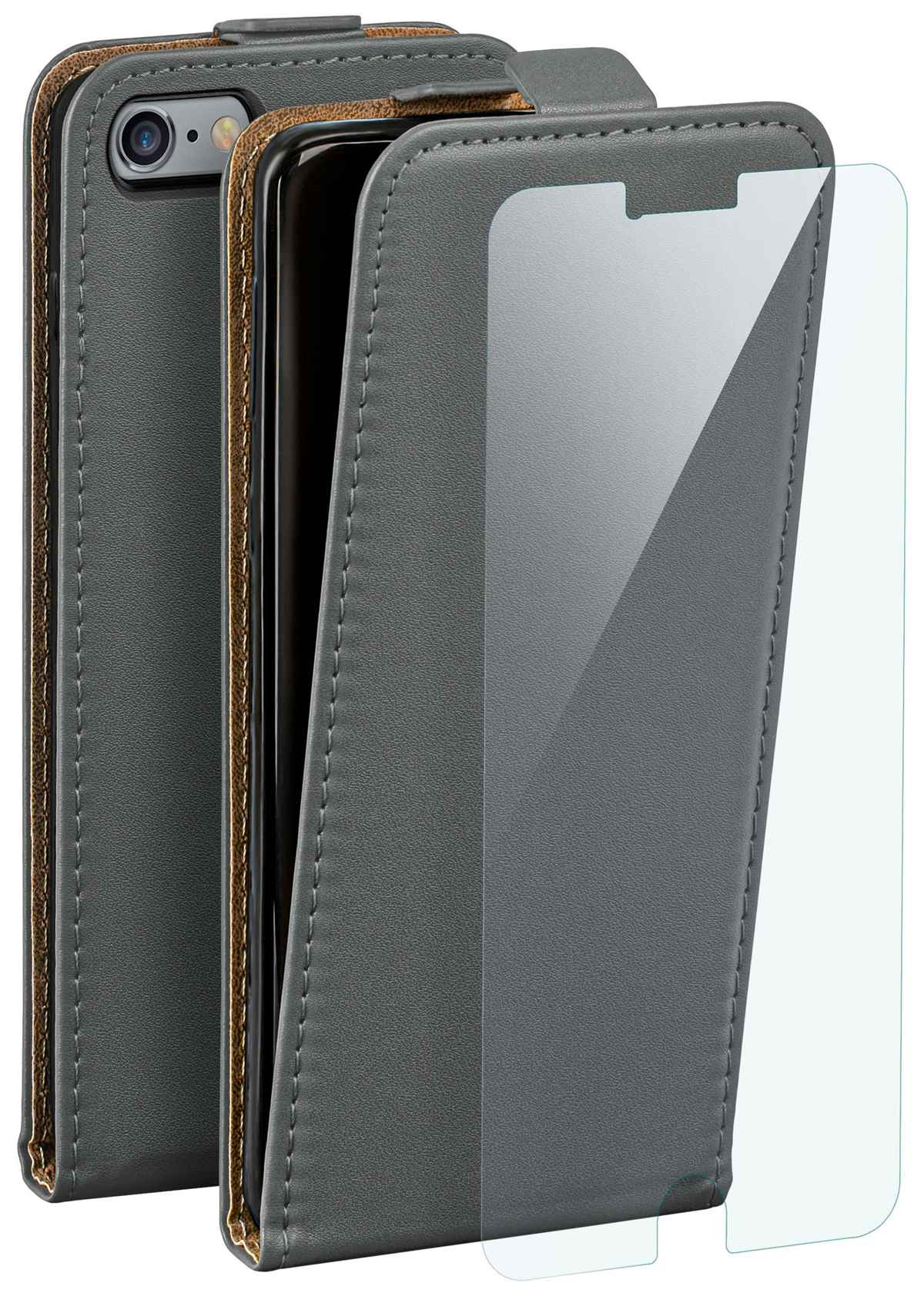 Graue Leder-Handyhülle geöffnet mit Displayschutz. Telefon sichtbar. Steppdetails sichtbar.