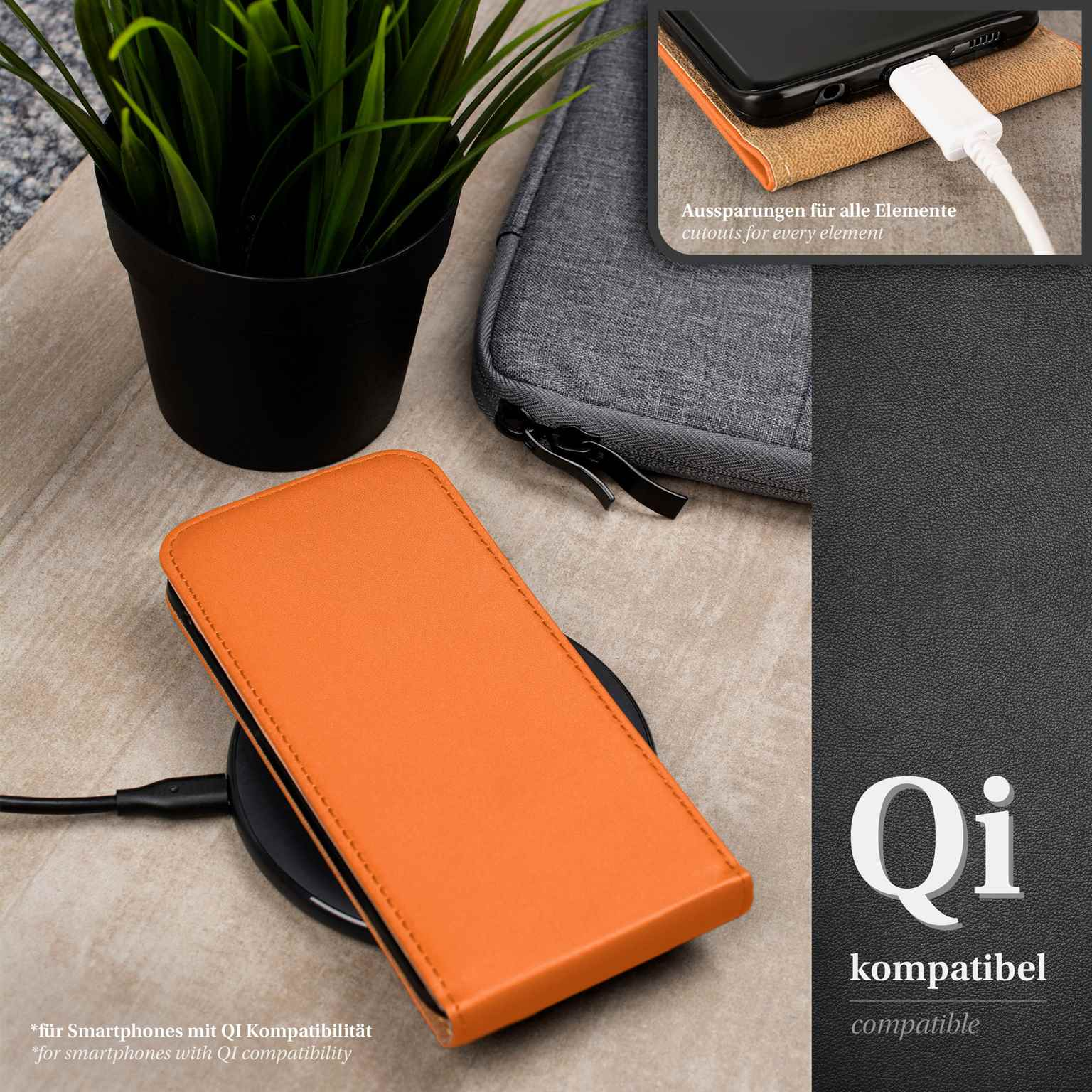 Orangefarbene Handyhülle auf kabellosem Ladegerät. Pflanze und Hülle im Hintergrund. Qi-kompatibler Text.