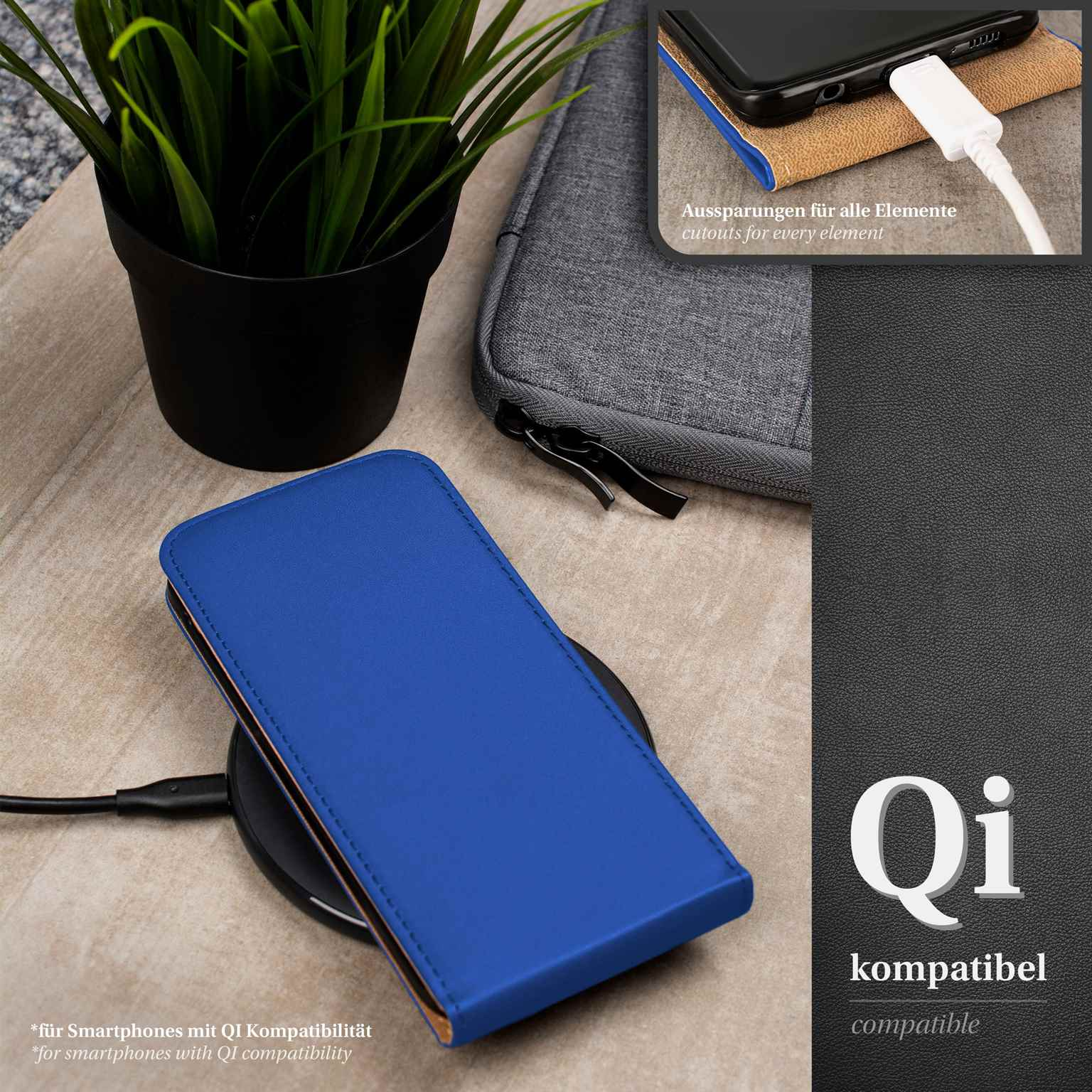 Eine blaue Handyhülle liegt auf einem schwarzen kabellosen Ladegerät. Es gibt einen schwarzen Topf und eine graue Tasche.