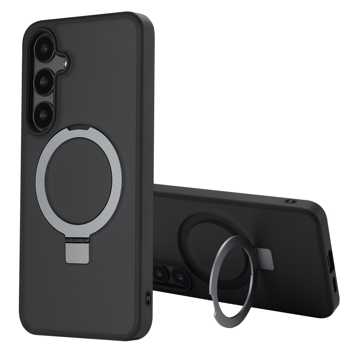 Custodia per telefono nera con anello di supporto. Una custodia è orizzontale. Sfondo bianco.