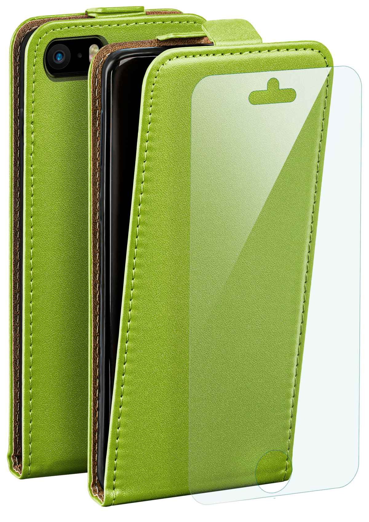 Grüne Handyhülle mit offenem Deckel und Displayschutz. Braune Innenseite.