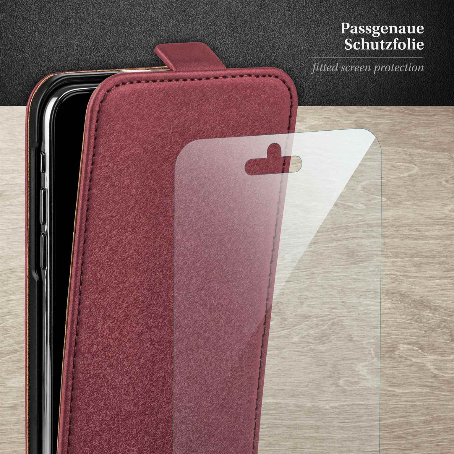 Weinrotes Telefon im Case, Displayschutz, Text.