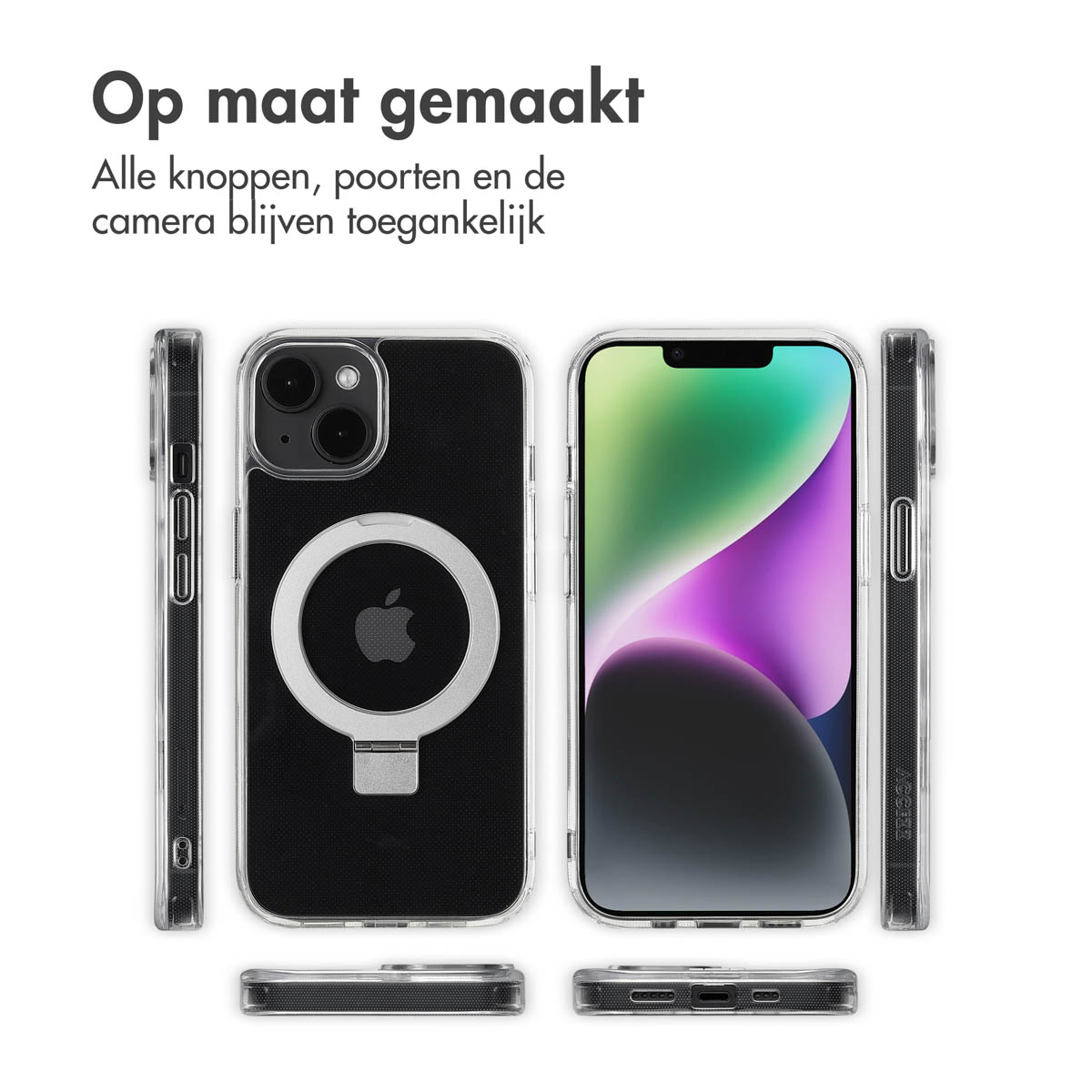 Diverse viste di custodie trasparenti per telefoni attorno a un telefono nero con il logo Apple. Le custodie sono su sfondo bianco.