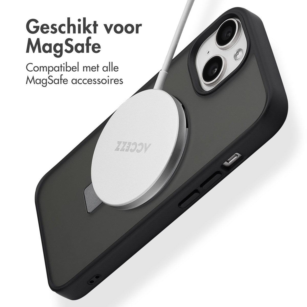 Phone with a MagSafe charger attached to the back. Dark gray case. White background.