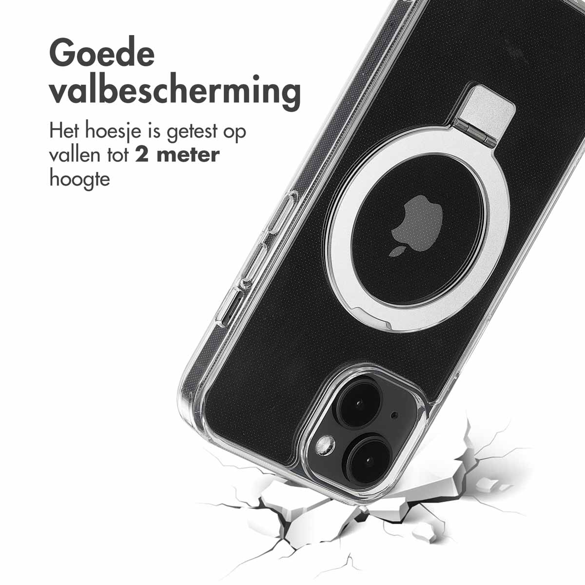 Un telefono in una custodia su una superficie, con una crepa. La custodia ha un logo Apple.