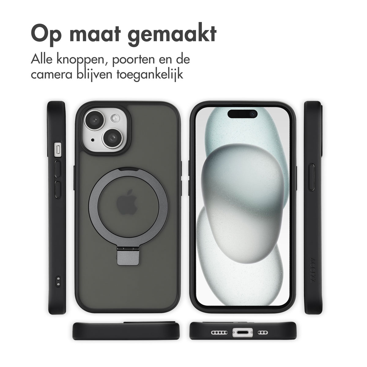 Phone case with a metal ring. Phone is in the case. Multiple views of the case and phone.